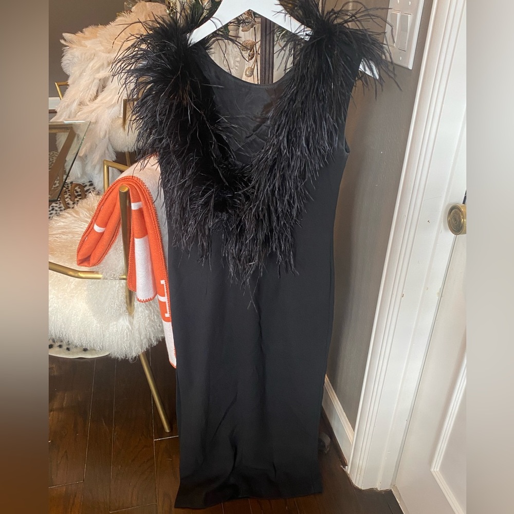 Black Feather V-Neck Dress
